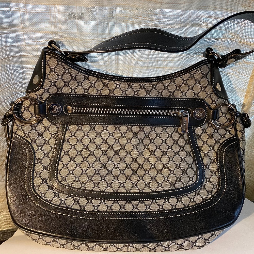 Celine Macadam navy blue grey canvas leather monogram hobo shoulder bag silver